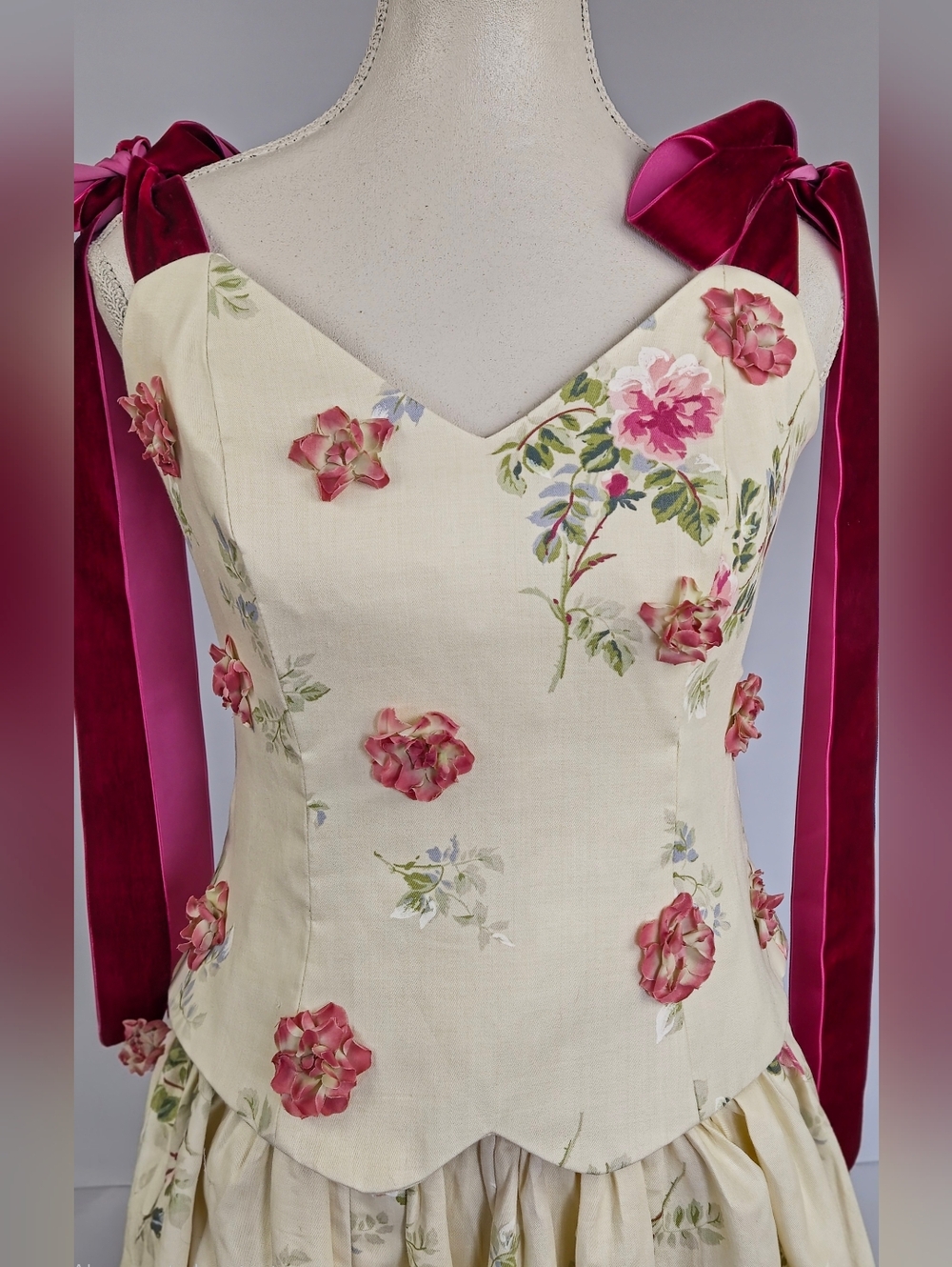 Upcycled Vintage Floral Corset Top and Skirt Set with Velvet Ribbon Ties - Picture 3 of 14